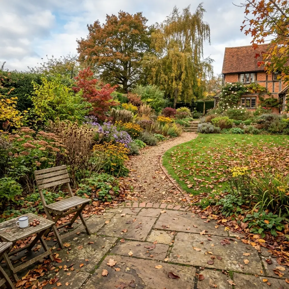 A realistic wide photograph of a typical Suffolk garden in autumn, showing an existing patio, lawn, borders and garden path, with fallen leaves and natural seasonal colours.