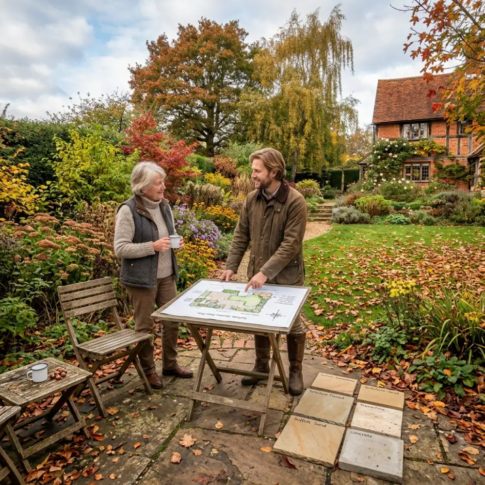 A professional landscaper discussing patio plans with a homeowner in a Suffolk garden during autumn, with paving samples and a simple garden plan visible.