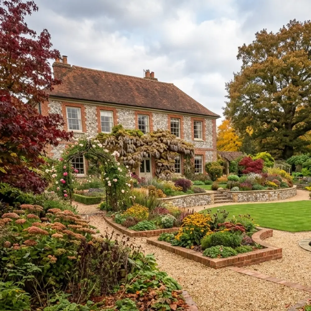 A wide-angle photograph of a professionally designed Suffolk garden showing a patio, curved lawn, planted borders, pathway and garden wall working together as one cohesive design.
