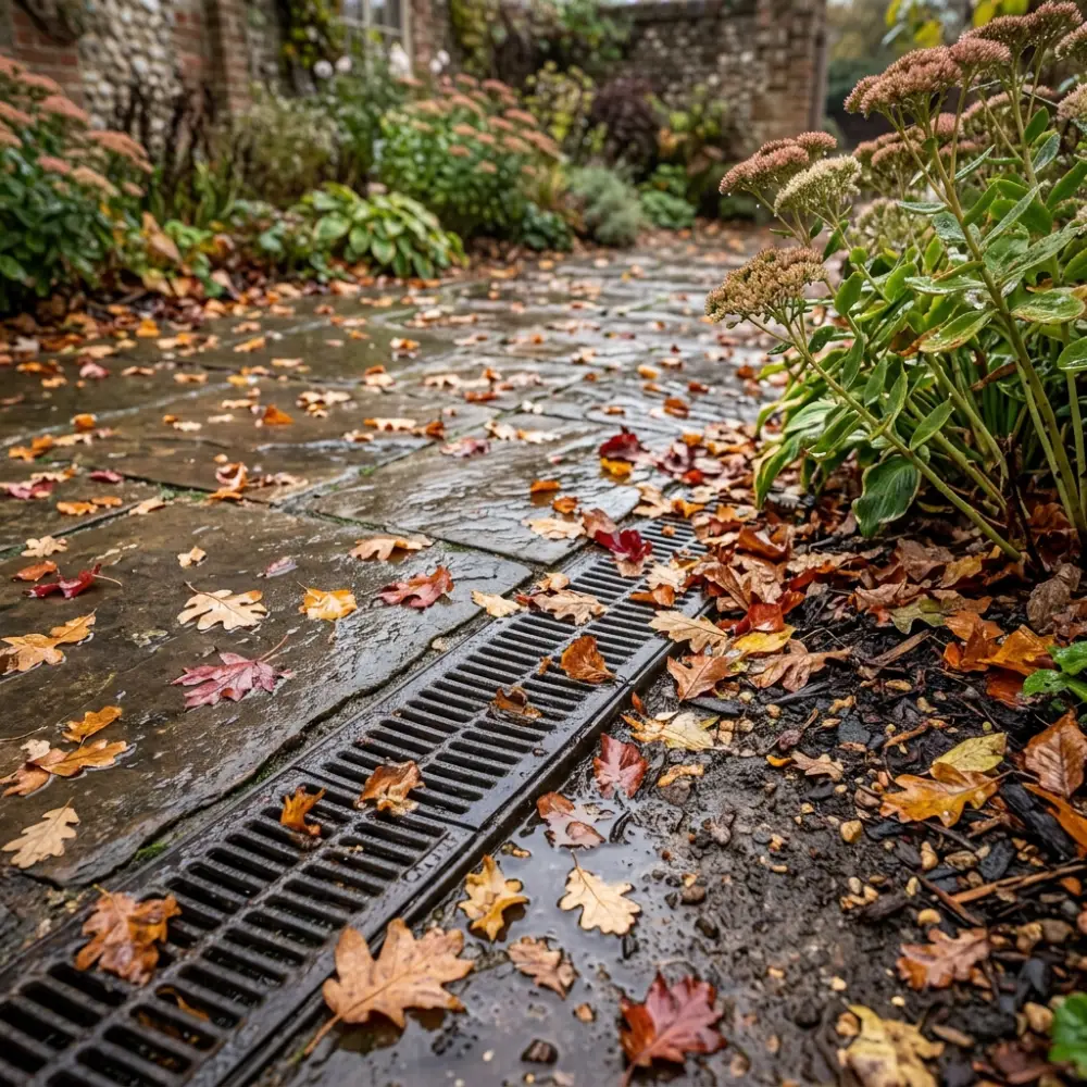 A realistic close-up of a Suffolk garden after autumn rainfall, showing a paved area, drainage channel and damp ground with fallen leaves.