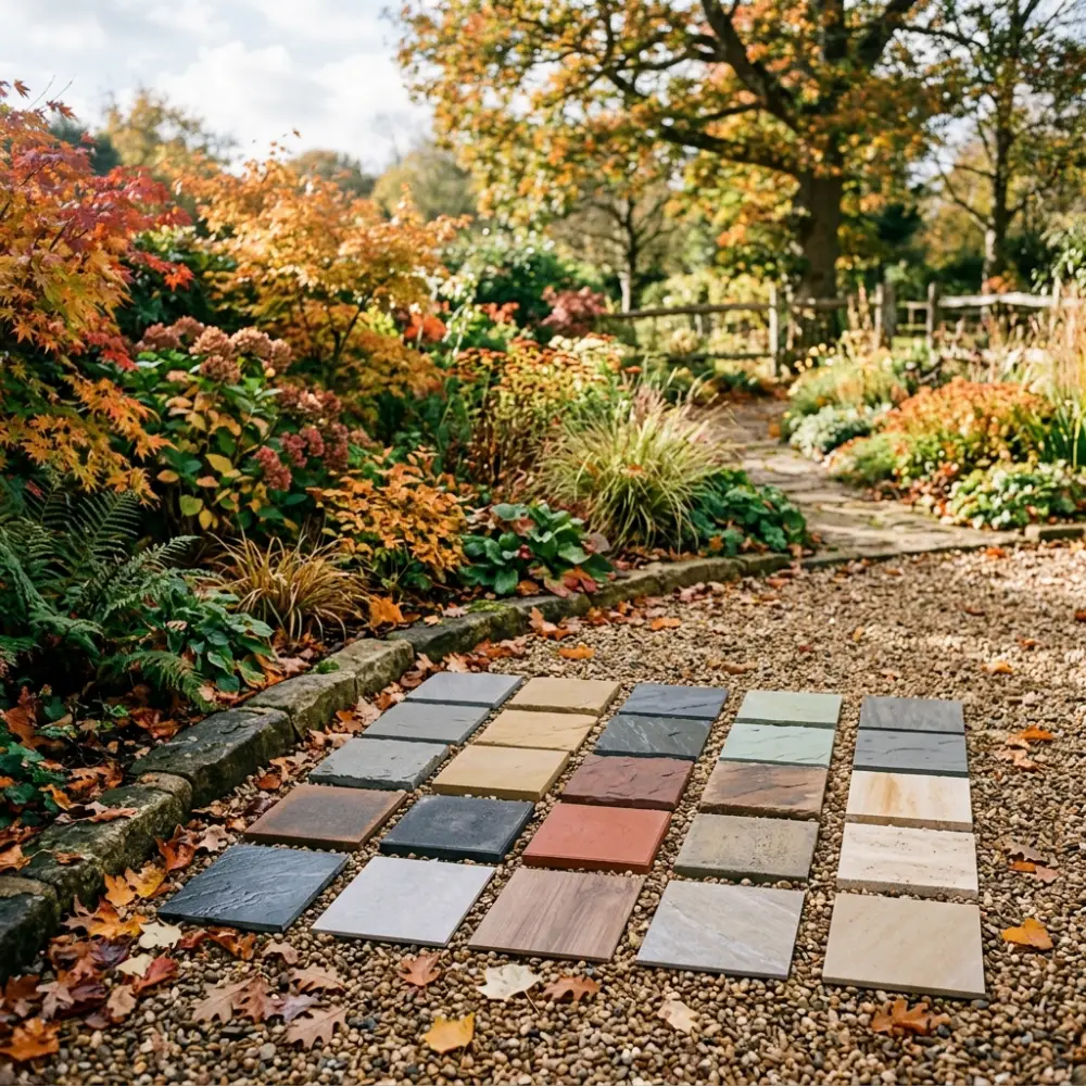 A selection of patio paving samples arranged outdoors beside an autumn garden, showing different colours, textures and paving styles.