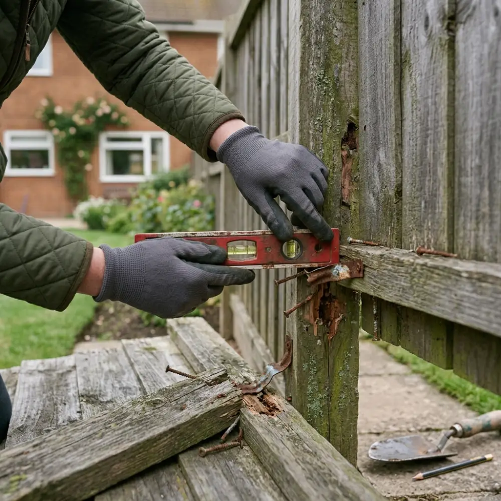 Fence post and panel fixings being inspected before repair.