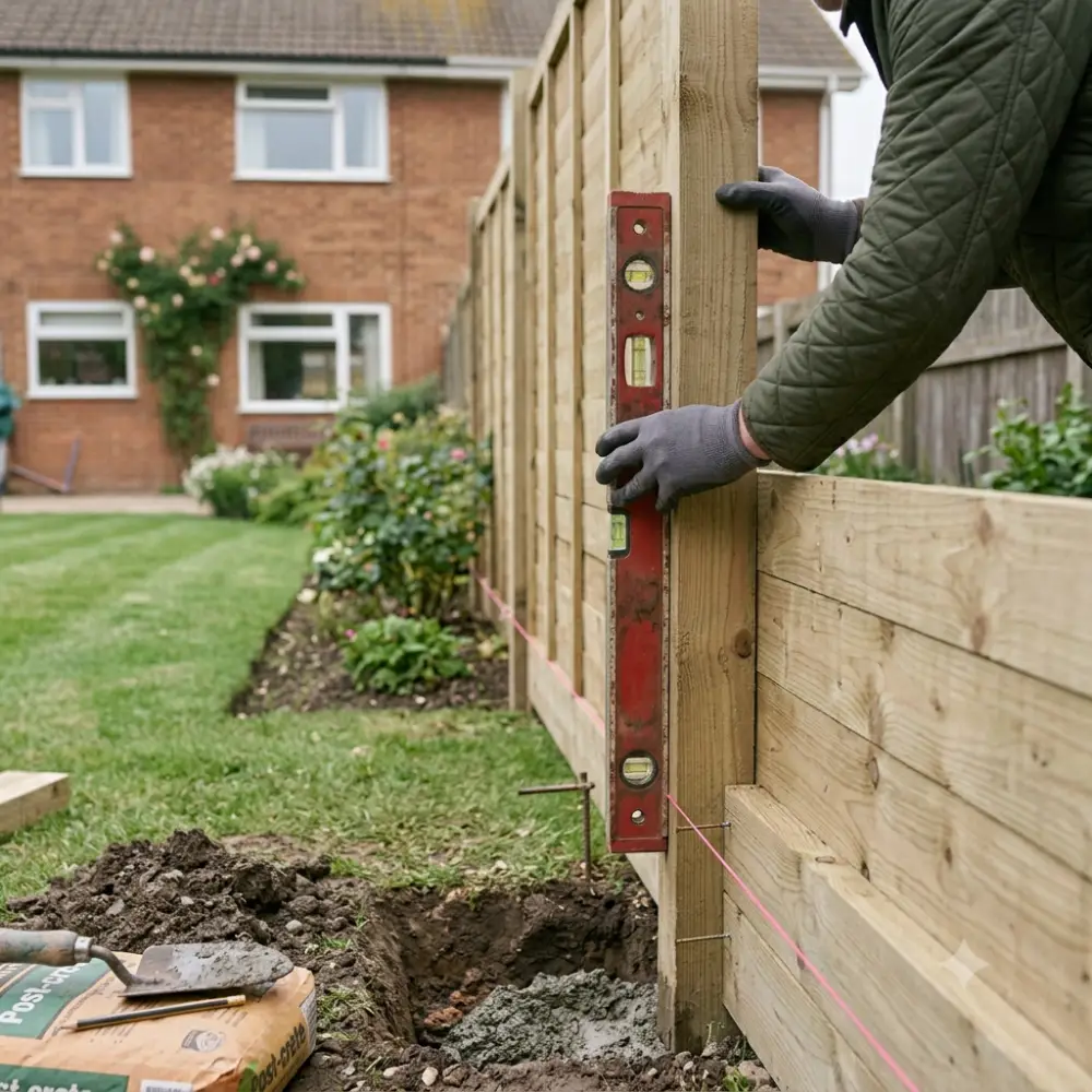 Garden fence posts and panels being carefully aligned during installation.