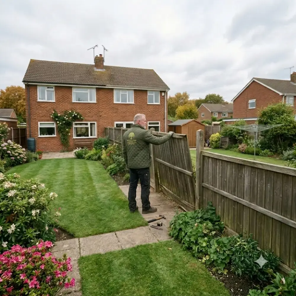 Leaning timber garden fence with a loose post and misaligned panel.