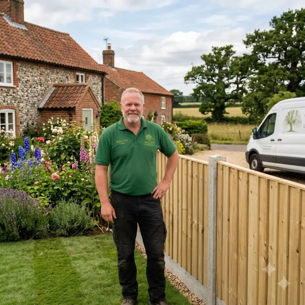 Mike Kirk of Willow Landscaping working on a garden fencing project.