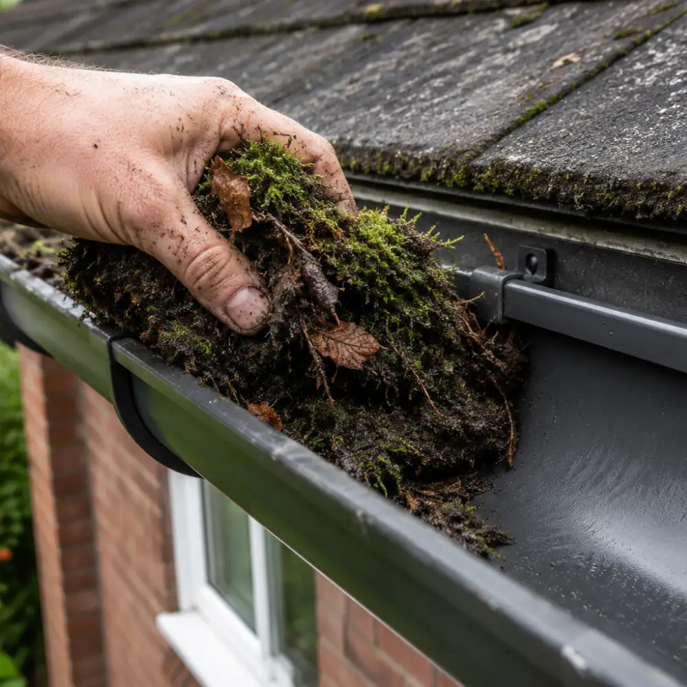 Gutter cleaning and debris removal by Ipswich Roofline and Guttering Services.