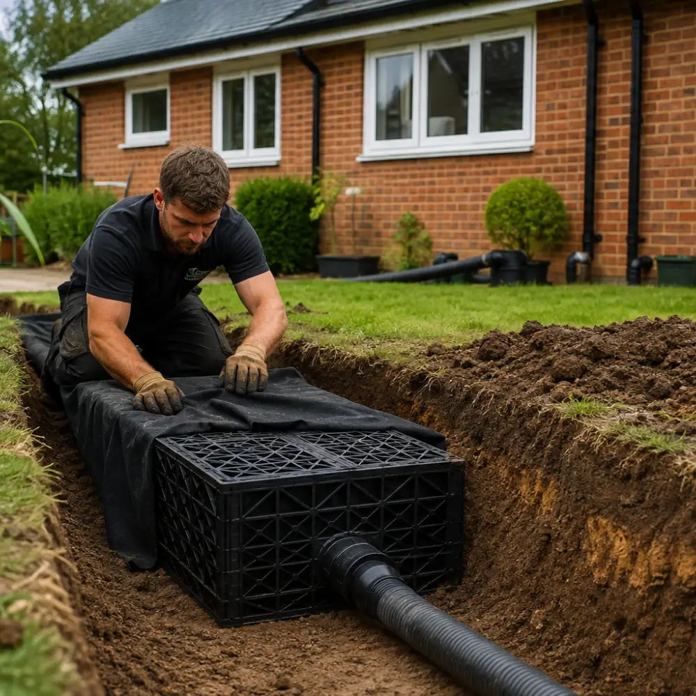 Professional installation of an underground soakaway crate system connected to a residential downpipe in Ipswich.