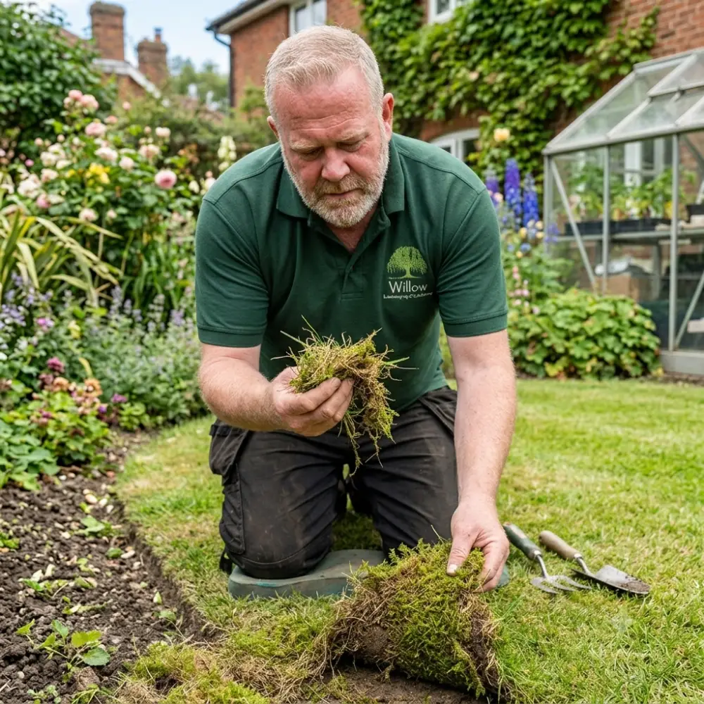 Michael Kirk evaluating soil thatch and moss compaction in an Ipswich garden during a Lawn Care | Artificial Turf assessment.