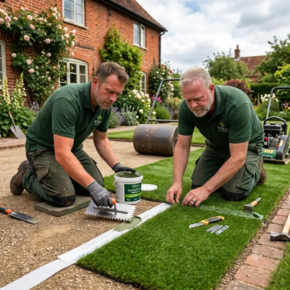 Skilled technicians creating seamless joins during an artificial grass fitting in Ipswich as part of our Lawn Care | Artificial Turf services.