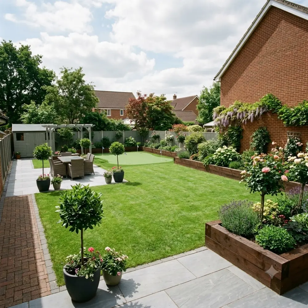 Completed Ipswich garden transformation featuring natural lawn restoration and synthetic grass fitting by Lawn Care | Artificial Turf specialists.