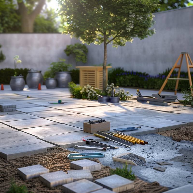 Patio slabs being carefully laid during installation in Ipswich