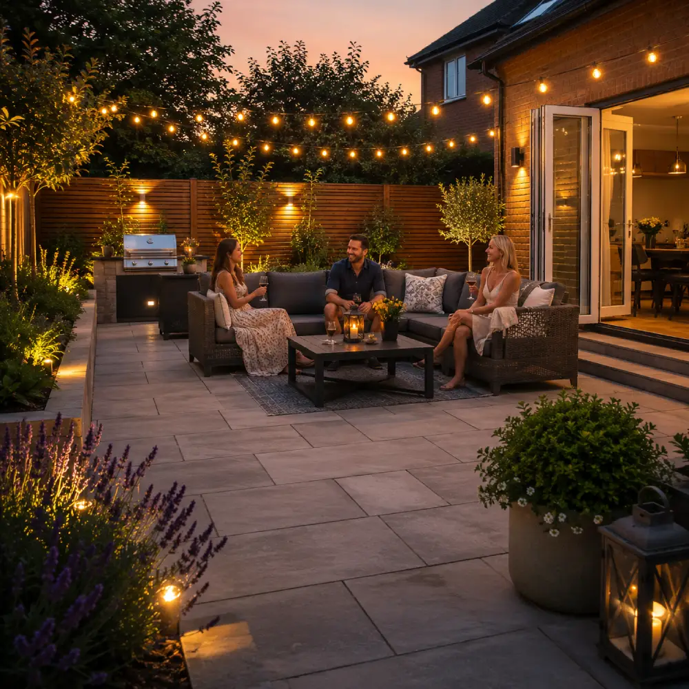People enjoying the evening on a new patio in a Willow Landscaping garden