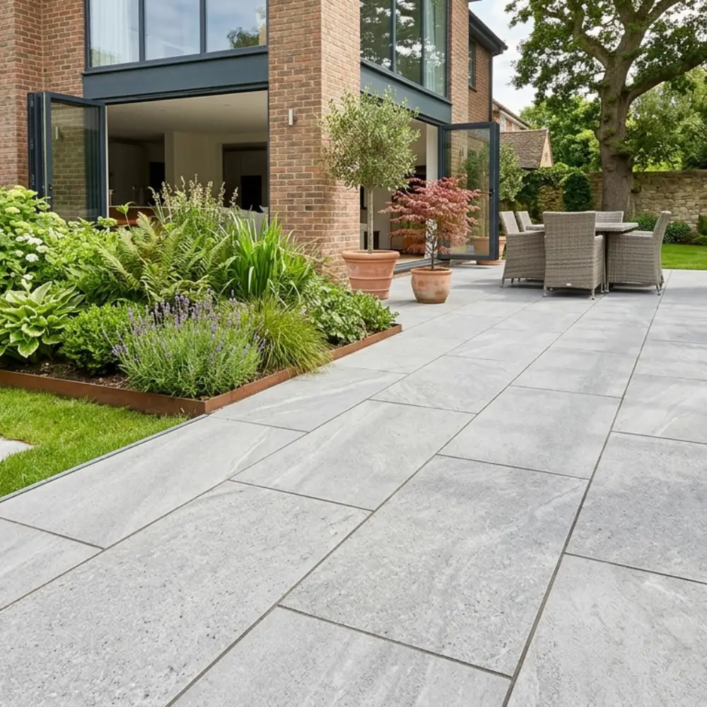 A new patio installation in a Willow Landscaping garden in Ipswich